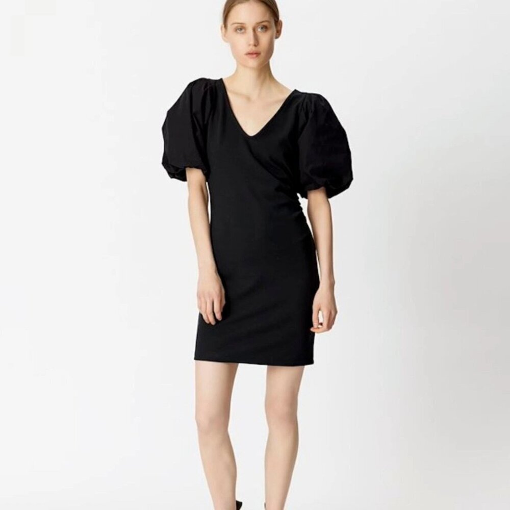 GESTUZ NemaGZ Puff Sleeve Sheath Dress Black Mini V-Neck Bodycon Size S